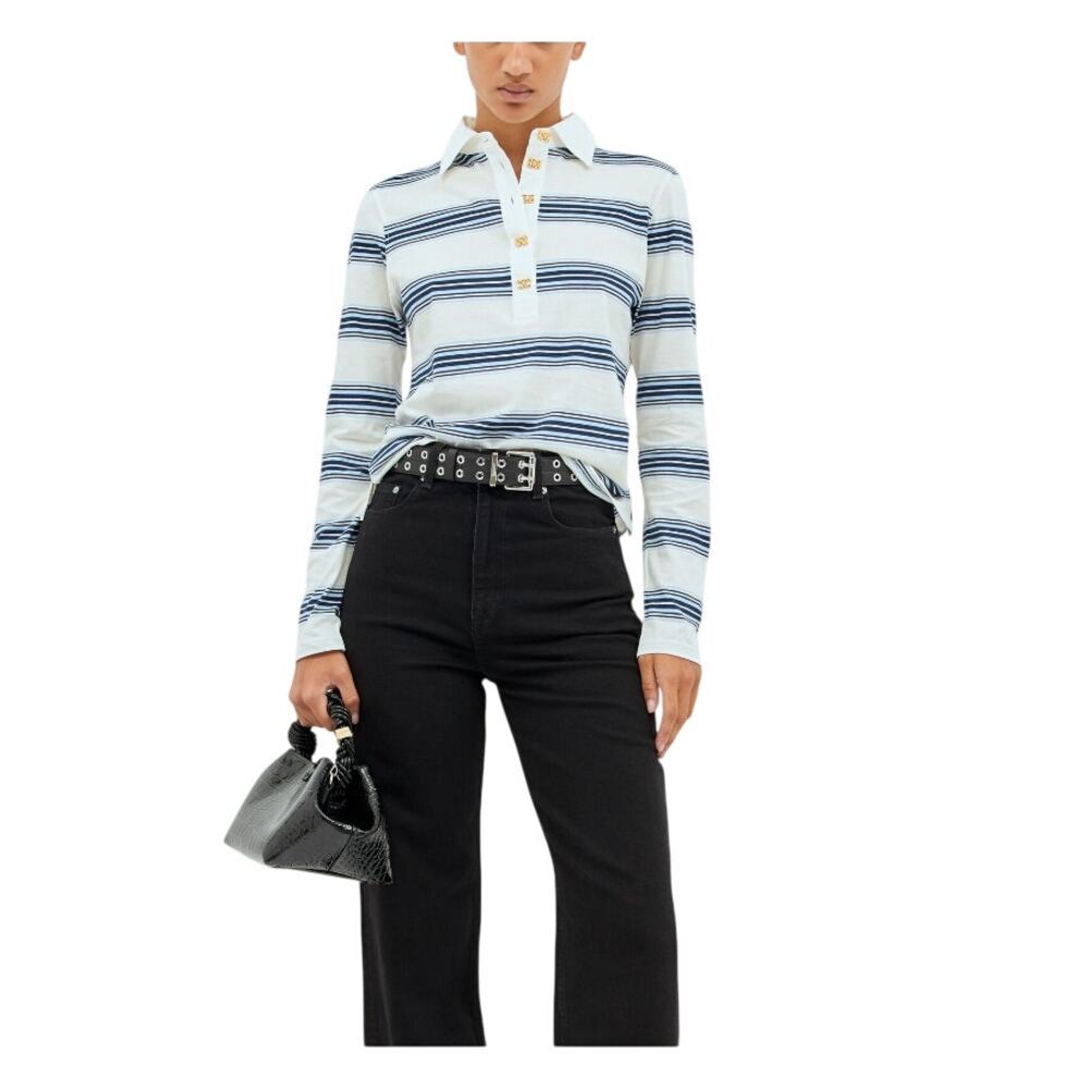 GANNI NWT Thin Jersey Stripe Long Sleeve Polo Tee Size M $215